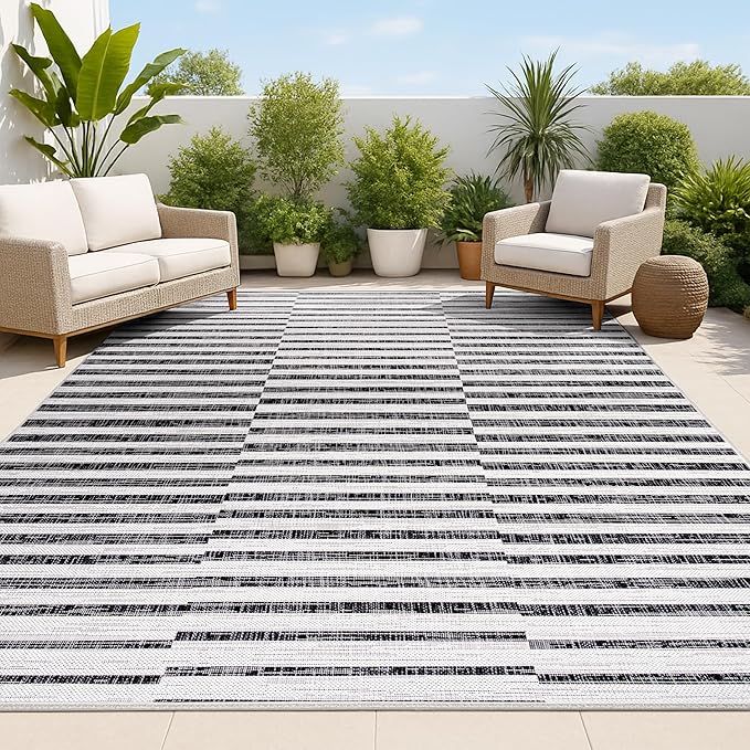 JONATHAN Y Offset Stripe Indoor Outdoor Area Rug 4X6 Ivory/Black, Sukie Modern for Backyard, Patio, Porch, Easy-Cleaning, High Traffic, Pet-Friendly, Non-Shedding (SMB133E-4)