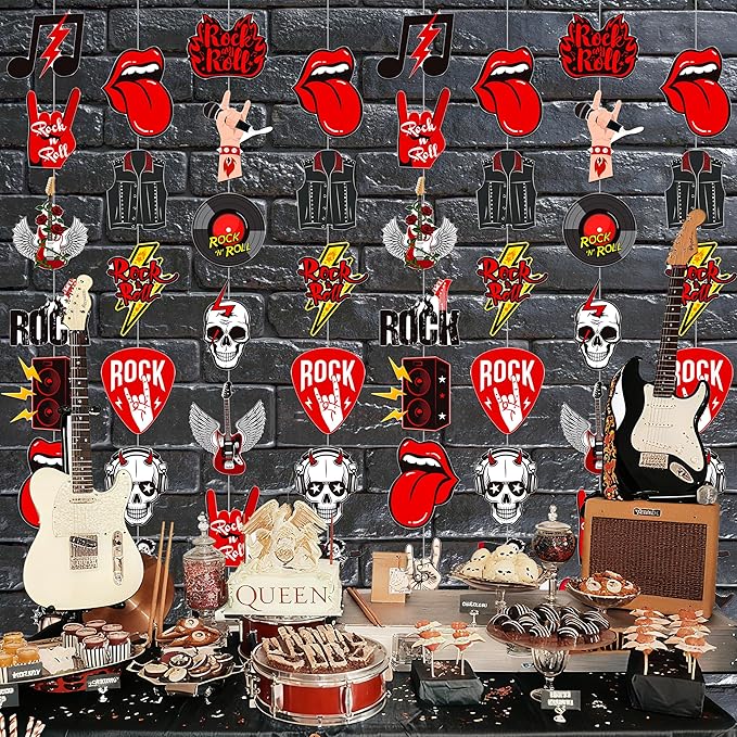 8pcs Rock and Roll Party Hanging Garlands Rock Music Room Wall Decor Rockstar Birthday Ceiling Garlands Rock Guitar Party Decorations for Muscial Theme Baby Shower Supplies