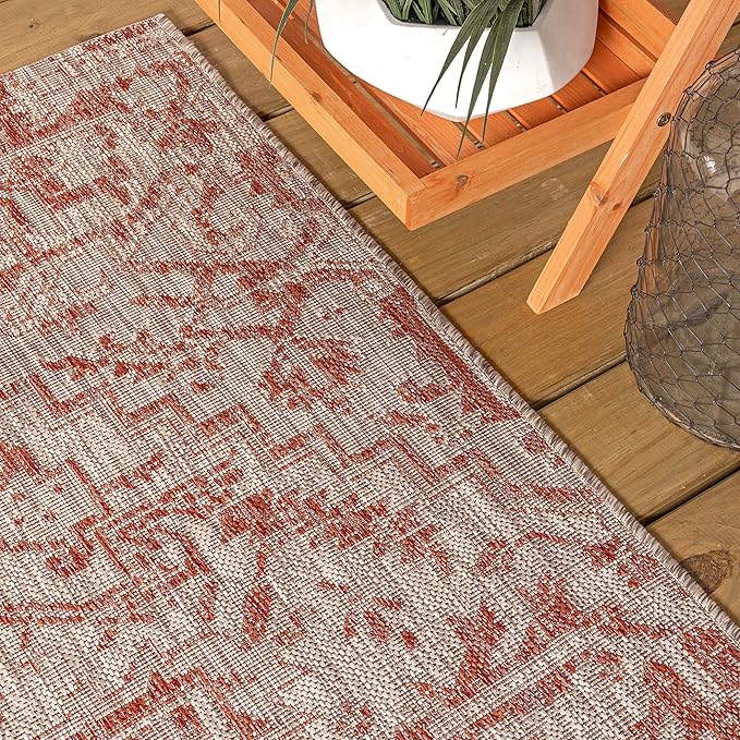 JONATHAN Y Boho Medallion Indoor Outdoor Round Area Rug 3 Ft Red/Taupe, Estrella Textured Weave for Backyard, Patio, Porch, Easy-Cleaning, High Traffic, Pet-Friendly, Non-Shedding (SMB105A-3R)