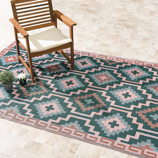 Fab Habitat Outdoor Rug - Waterproof, Fade Resistant, Crease-Free, Reversible - Premium Recycled Plastic - Vintage Boho Kilim - Large Patio, Deck, Sunroom, Camping, RV - Lhasa - Green - 8 x10 ft