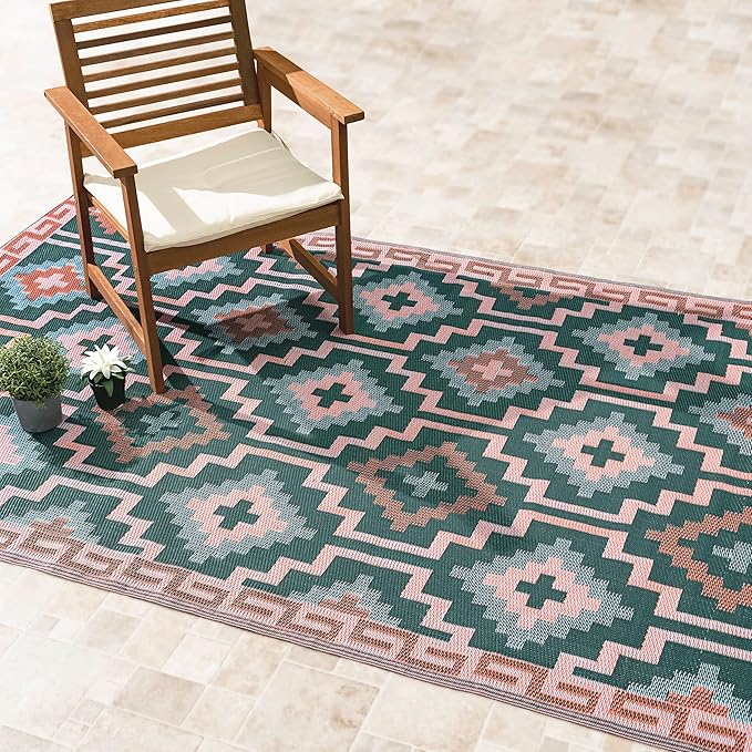 Fab Habitat Outdoor Rug - Waterproof, Fade Resistant, Crease-Free, Reversible - Premium Recycled Plastic - Vintage Boho Kilim - Patio, Deck, Porch, Balcony, Laundry Room - Lhasa - Green - 4 x 6 ft