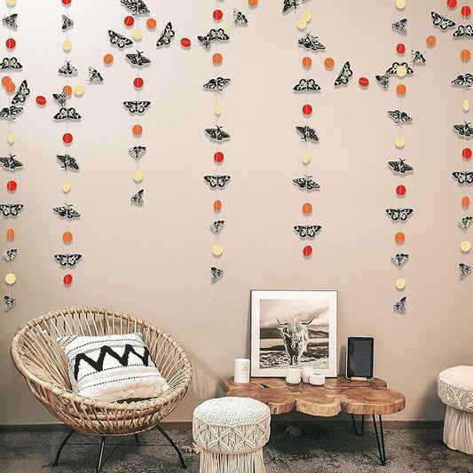 Cheerland Moth Garland Boho Hanging Mothman Birthday Decorations Circle Dot Banner Black White Butterfly Orange Bohemian Insect Party Decor Halloween Witch Moth Decor Cryptid Party Supplies 58ft