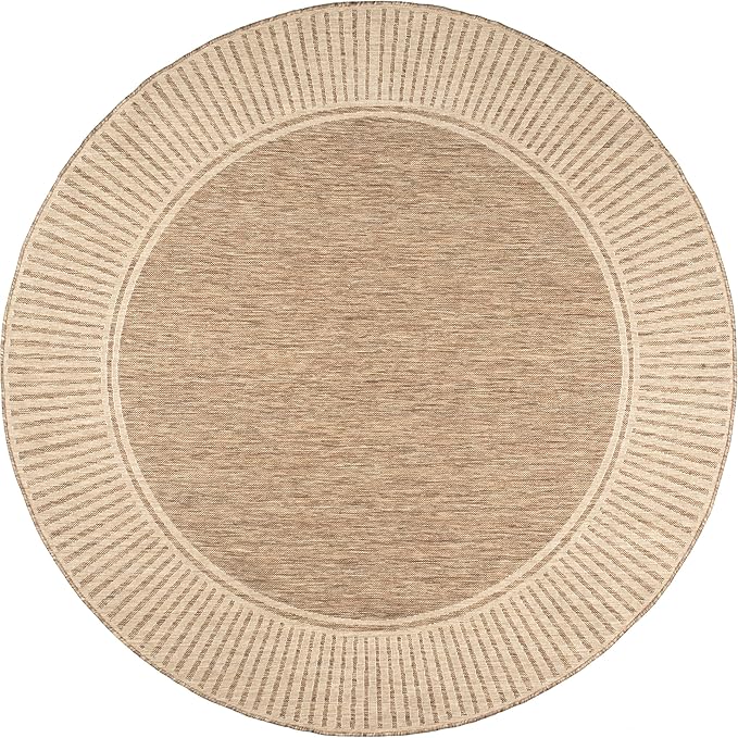 Nuloom Asha Light Brown/Ivory, 8' Round, Casual, Striped Border, Soft and Cozy, High Traffic, Stain Resistant, Easy Clean, Durable Area Rug for Indoor/Outdoor Patio, Deck, Porch, Garden, Courtyard