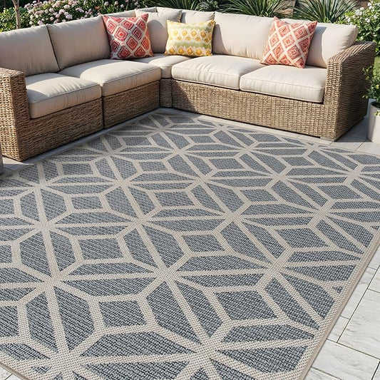 Rugshop Blue Contemporary Geometric Indoor/Outdoor Area Rug — Hose Washable for Living Room, Dining Room and Bedroom, 5' x 7'