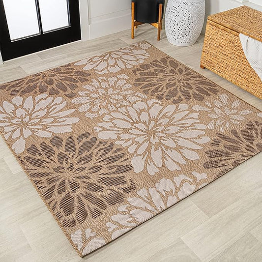 JONATHAN Y Floral Textured Weave Indoor Outdoor Square Area Rug 8X8 Brown/Cream, Zinnia Modern for Backyard, Patio, Porch, Easy-Cleaning, High Traffic, Pet-Friendly, Non-Shedding (SMB110I-8SQ)