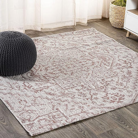 JONATHAN Y Boho Medallion Indoor Outdoor Square Area Rug 4X4 Red/Taupe, Estrella Textured Weave for Backyard, Patio, Porch, Easy-Cleaning, High Traffic, Pet-Friendly, Non-Shedding (SMB105A-4SQ)