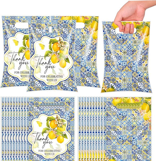 Hokinaa Capri Lemon Gift Bag - 50 Pcs Amalfi Coast Large Plastic Goodie Treat Party Favors Candy Bags Bulk with Handles Mediterranean Blue Tiles Decorations Decor Supplies for Birthday Bridal Shower