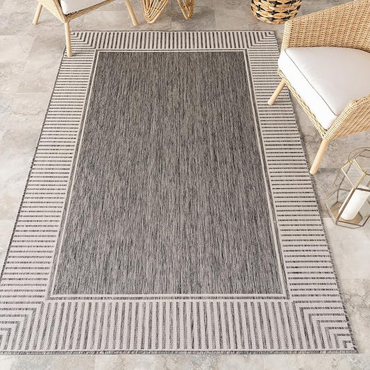Nuloom Asha Grey/Ivory, 10' x 14', Casual, Striped Border, Soft and Cozy, High Traffic, Stain Resistant, Easy Clean, Durable Area Rug for Indoor/Outdoor Patio, Deck, Porch, Garden, Courtyard