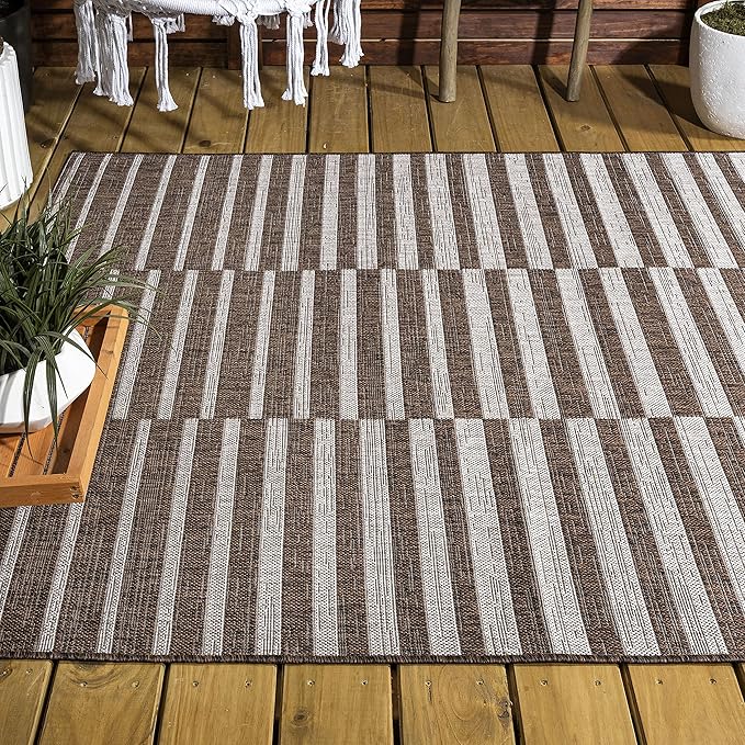 JONATHAN Y Offset Stripe Indoor Outdoor Area Rug 8X10 Brown/Beige, Sukie Modern for Backyard, Patio, Porch, Easy-Cleaning, High Traffic, Pet-Friendly, Non-Shedding (SMB133B-8)