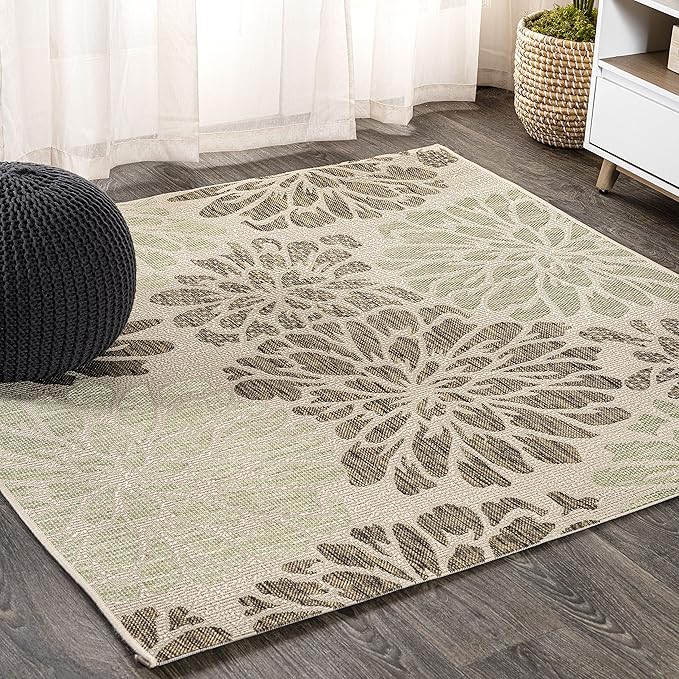JONATHAN Y Floral Textured Weave Indoor Outdoor Square Area Rug 5X5 Sage/Brown, Zinnia Modern for Backyard, Patio, Porch, Easy-Cleaning, High Traffic, Pet-Friendly, Non-Shedding (SMB110A-5SQ)