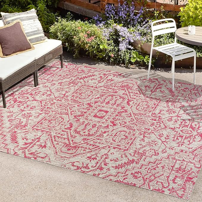 JONATHAN Y Boho Medallion Indoor Outdoor Area Rug 5X8 Light Gray/Fuchsia, Estrella Textured Weave for Backyard, Patio, Porch, Easy-Cleaning, High Traffic, Pet-Friendly, Non-Shedding (SMB105F-5)