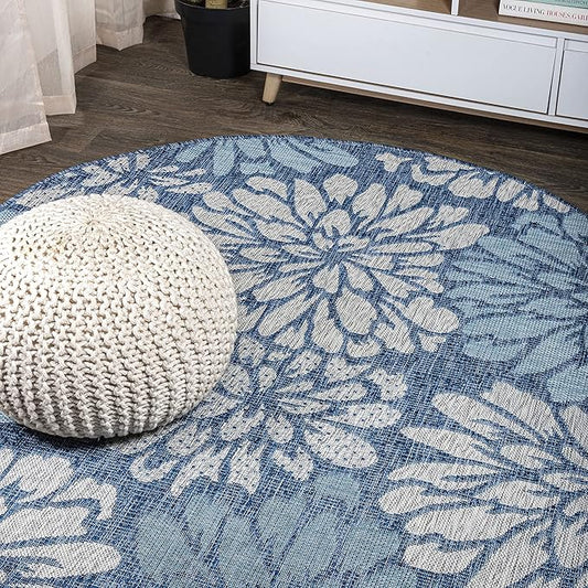 JONATHAN Y Floral Textured Weave Indoor Outdoor Round Area Rug 5 Ft Navy/Aqua, Zinnia Modern for Backyard, Patio, Porch, Easy-Cleaning, High Traffic, Pet-Friendly, Non-Shedding (SMB110C-5R)