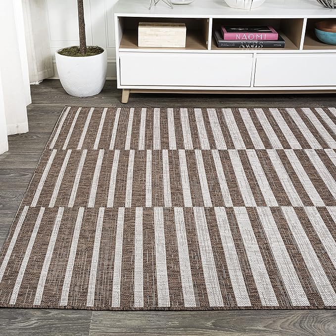 JONATHAN Y Offset Stripe Indoor Outdoor Area Rug 8X10 Brown/Beige, Sukie Modern for Backyard, Patio, Porch, Easy-Cleaning, High Traffic, Pet-Friendly, Non-Shedding (SMB133B-8)