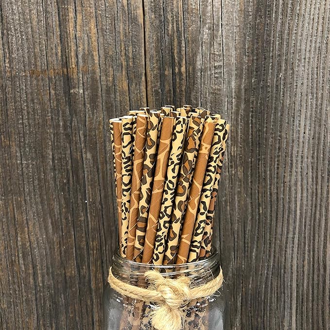 Animal Print Paper Straws - Safari Theme - Leopard Giraffe Cheetah Print - Black Brown Tan - 100 Pack Outside the Box Papers Brand