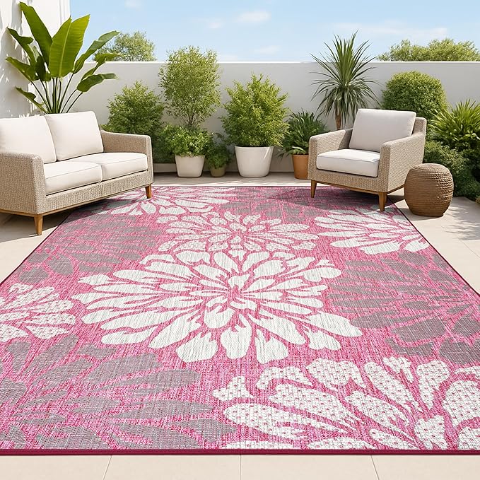 JONATHAN Y Floral Textured Weave Indoor Outdoor Area Rug 8X10 Fuchsia/Light Gray, Zinnia Modern for Backyard, Patio, Porch, Easy-Cleaning, High Traffic, Pet-Friendly, Non-Shedding (SMB110F-8)