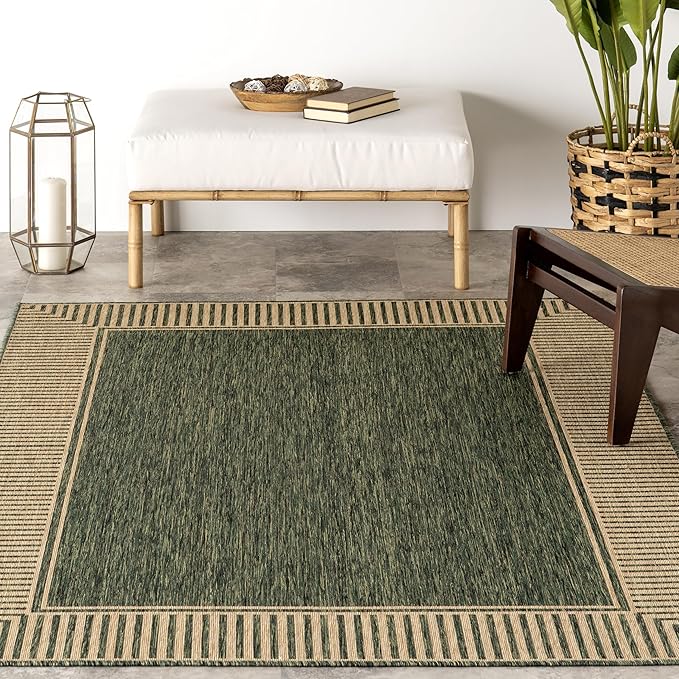 Nuloom Asha Green/Brown, 4' x 6', Casual, Striped Border, Soft and Cozy, High Traffic, Stain Resistant, Easy Clean, Durable Area Rug for Indoor/Outdoor Patio, Deck, Porch, Garden, Courtyard