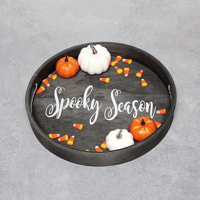 Elegant Designs HG2013-BKS Halloween Decoration Decorative 13.75'' Round Wood Serving Tray w/Handles, Black Spooky Season