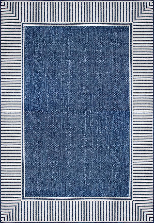 Nuloom Asha Navy/Ivory, 8' x 10', Casual, Striped Border, Soft and Cozy, High Traffic, Stain Resistant, Easy Clean, Durable Area Rug for Indoor/Outdoor Patio, Deck, Porch, Garden, Courtyard