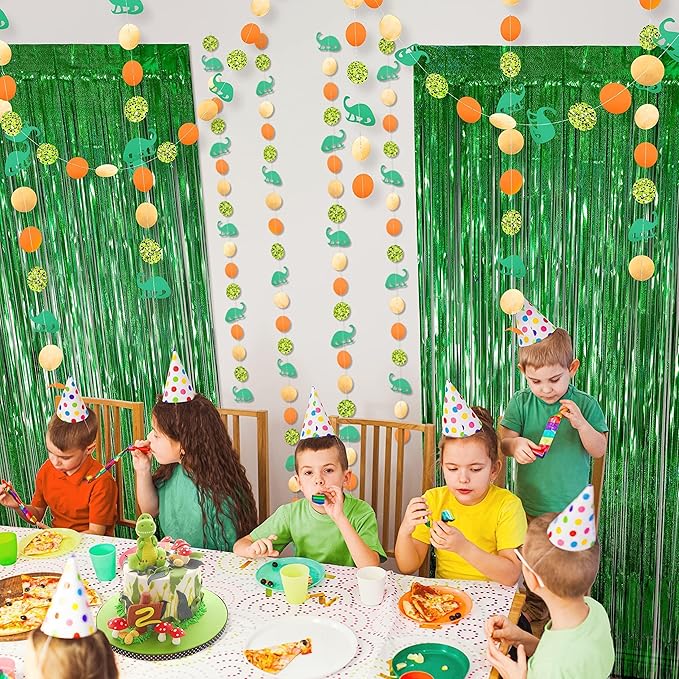 Cheerland Dino Party Decorations Green Tinsel Foil Fringe Curtain Dinosaur 1st Birthday Party Photo Backdrop Jurassic Themed Garland Streamers Banner Baby Shower Hanging Entrance Door Decor Supplies