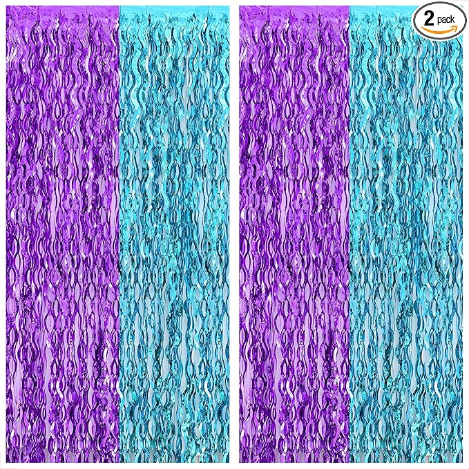 KatchOn, Large Wavy Purple and Blue Fringe Curtain - Pack of 2 | Mermaid Birthday Decorations, Beach Party Decoration | Purple and Blue Foil Fringe for Under The Sea Party Decorations