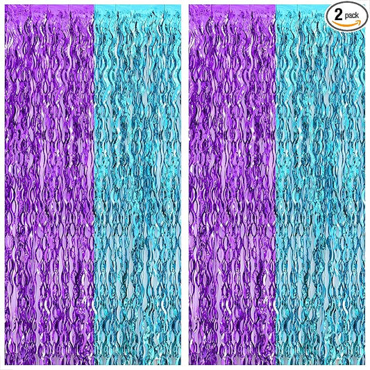 KatchOn, Large Wavy Purple and Blue Fringe Curtain - Pack of 2 | Mermaid Birthday Decorations, Beach Party Decoration | Purple and Blue Foil Fringe for Under The Sea Party Decorations