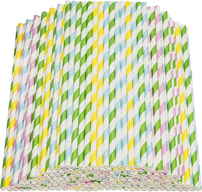 Paper Straws Biodegradable 200 Pack Striped Multi Colored BPA-Free Disposable 8.25" Long Non-Flexible Straw for Everyday/Birthday Party/Easter/Baby Shower/Wedding - By DuraHome