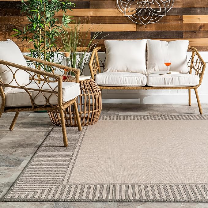 Nuloom Asha Light Grey/Ivory, 5' x 8', Casual, Striped Border, Soft and Cozy, High Traffic, Stain Resistant, Easy Clean, Durable Area Rug for Indoor/Outdoor Patio, Deck, Porch, Garden, Courtyard