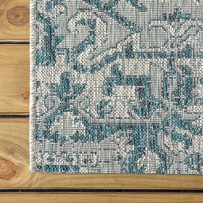 JONATHAN Y Boho Medallion Indoor Outdoor Square Area Rug 6X6 Teal/Gray, Estrella Textured Weave for Backyard, Patio, Porch, Easy-Cleaning, High Traffic, Pet-Friendly, Non-Shedding (SMB105C-6SQ)