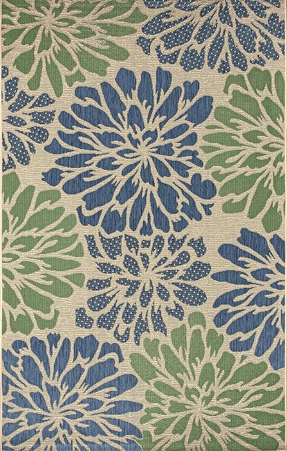 JONATHAN Y Floral Textured Weave Indoor Outdoor Area Rug 8X10 Navy/Green, Zinnia Modern for Backyard, Patio, Porch, Easy-Cleaning, High Traffic, Pet-Friendly, Non-Shedding (SMB110B-8)