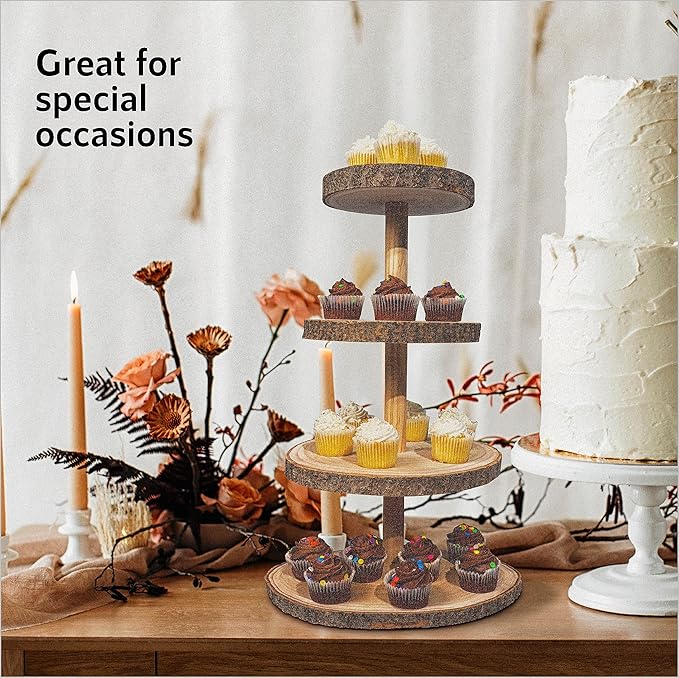 Wooden 4 Tier Rustic Cupcake Stand, Great for Wedding Cake Wood Display Tiered Centerpiece, Dessert Tower for Parties & Events
