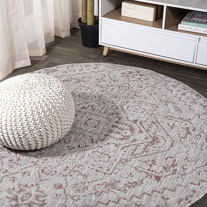 JONATHAN Y Boho Medallion Indoor Outdoor Round Area Rug 3 Ft Red/Taupe, Estrella Textured Weave for Backyard, Patio, Porch, Easy-Cleaning, High Traffic, Pet-Friendly, Non-Shedding (SMB105A-3R)
