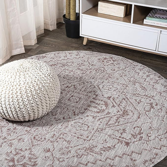 JONATHAN Y Boho Medallion Indoor Outdoor Round Area Rug 3 Ft Red/Taupe, Estrella Textured Weave for Backyard, Patio, Porch, Easy-Cleaning, High Traffic, Pet-Friendly, Non-Shedding (SMB105A-3R)