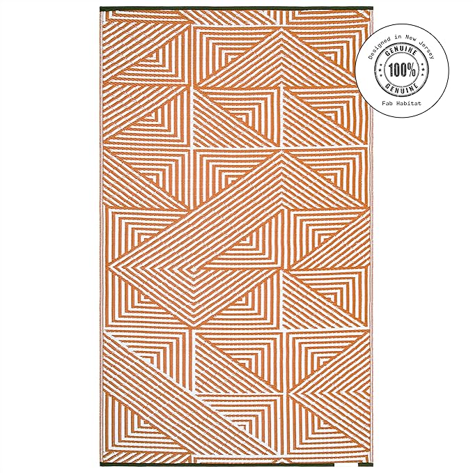 Fab Habitat Outdoor Rug - Waterproof, Fade Resistant, Crease-Free, Reversible - Premium Recycled Plastic - Modern Geometric - Patio, Porch, Deck, Balcony - Tokyo - Burnt Orange - 5 x 8 ft