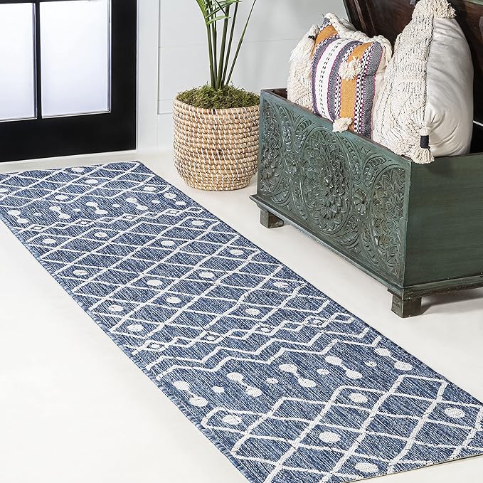 JONATHAN Y Tribal Bohemian Indoor Outdoor Runner Rug 2X8 Blue/Ivory, Nokat for Backyard, Patio, Porch, Easy-Cleaning, High Traffic, Pet-Friendly, Non-Shedding (SMB131C-28)