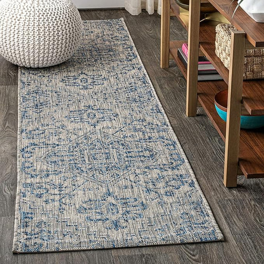 JONATHAN Y Boho Medallion Indoor Outdoor Runner Rug 2X20 Navy/Gray, Estrella Textured Weave for Backyard, Patio, Porch, Easy-Cleaning, High Traffic, Pet-Friendly, Non-Shedding (SMB105B-220)