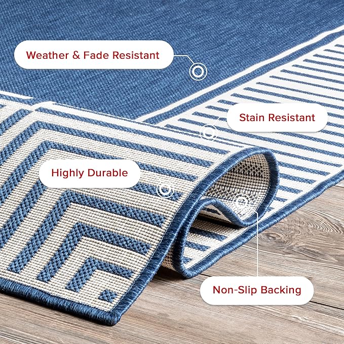 Nuloom Asha Navy/Ivory, 8' x 10', Casual, Striped Border, Soft and Cozy, High Traffic, Stain Resistant, Easy Clean, Durable Area Rug for Indoor/Outdoor Patio, Deck, Porch, Garden, Courtyard