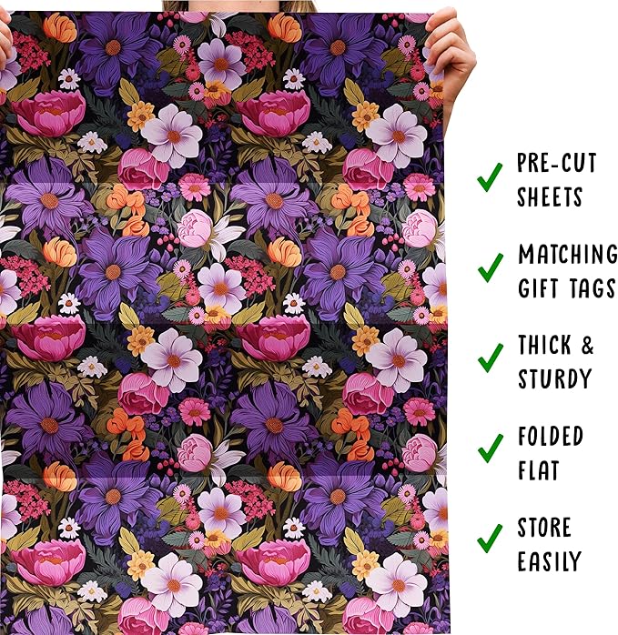 CENTRAL 23 Floral Wrapping Paper For Women - 6 Sheets Of Birthday Gift Wrap - Pink Purple White Yellow Flowers - Spring - Bridal Shower - Comes With Stickers