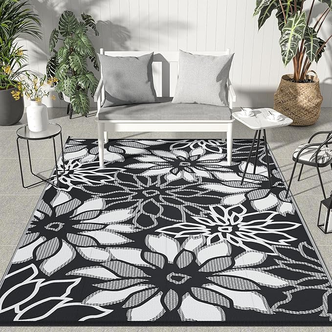 GENIMO Outdoor Rug Waterproof for Patio Decor, 6' x 9' Reversible Plastic Straw Floral Camping Carpet, Large Area Rugs Mats for RV, Camper, Deck, Balcony, Porch, Beach, Picnic, Black & White
