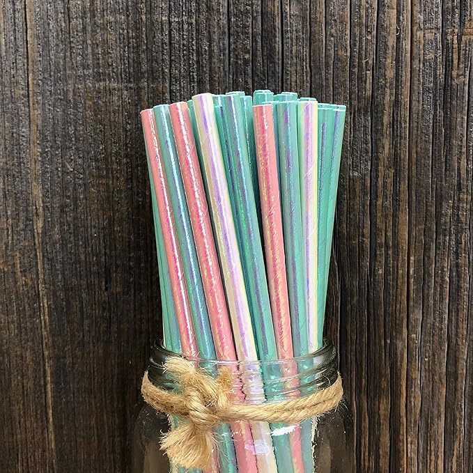 Iridescent Foil Paper Straws - Birthday Party - Valentine Party - Easter - Pink Blue Green White Pearl - 7.75 Inches - 100 Pack
