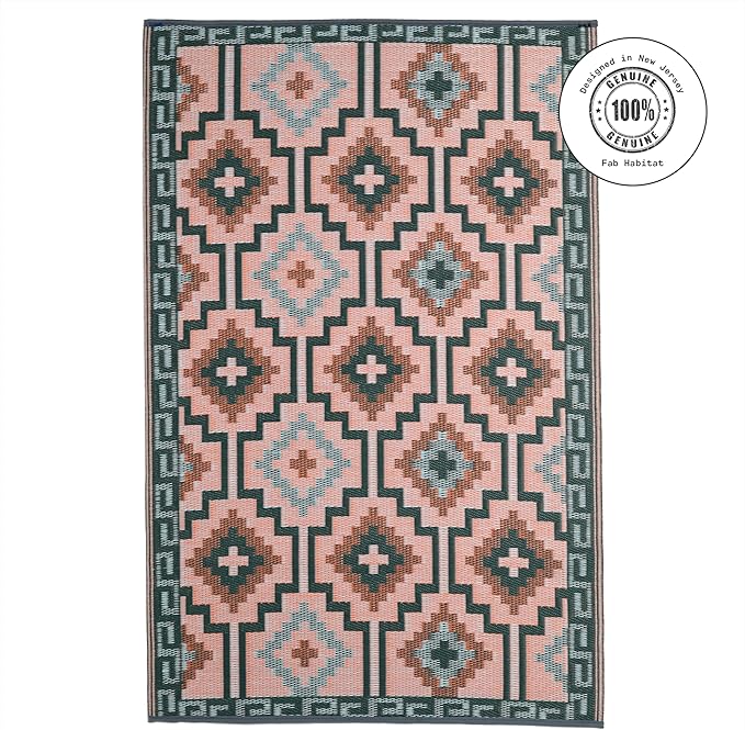 Fab Habitat Outdoor Rug - Waterproof, Fade Resistant, Crease-Free, Reversible - Premium Recycled Plastic - Vintage Boho Kilim - Patio, Deck, Porch, Balcony, Laundry Room - Lhasa - Green - 4 x 6 ft