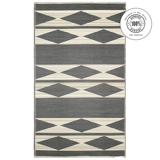 Fab Habitat Outdoor Rug - Waterproof, Fade Resistant, Crease-Free - Premium Recycled Plastic - Neutral Geometric Tribal - Patio, Porch, Deck, Balcony - Cairo - Natural & Black - 5 x 8 ft