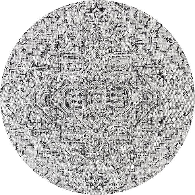 JONATHAN Y Boho Medallion Indoor Outdoor Round Area Rug 9 Ft Black/Gray, Estrella Textured Weave for Backyard, Patio, Porch, Easy-Cleaning, High Traffic, Pet-Friendly, Non-Shedding (SMB105D-9R)