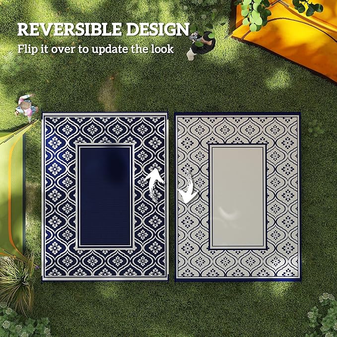 Outsunny Outdoor Rug for Patio, 9' x 12' Waterproof Large Mat, Reversible Plastic Straw Rug for Decor, Portable Outside RV Camping Area Carpet Mat for Backyard Porch Deck Picnic, Blue & White Gourd