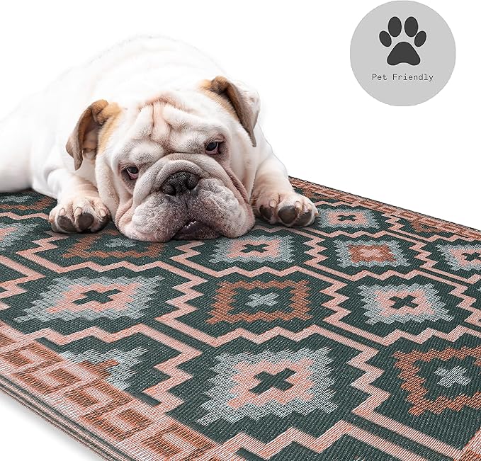 Fab Habitat Outdoor Rug - Waterproof, Fade Resistant, Crease-Free, Reversible - Premium Recycled Plastic - Vintage Boho Kilim - Patio, Porch, Deck, Balcony - Lhasa - Green - 5 x 8 ft