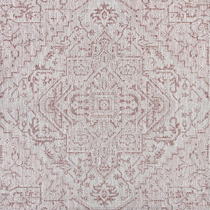 JONATHAN Y Boho Medallion Indoor Outdoor Square Area Rug 6X6 Red/Taupe, Estrella Textured Weave for Backyard, Patio, Porch, Easy-Cleaning, High Traffic, Pet-Friendly, Non-Shedding (SMB105A-6SQ)